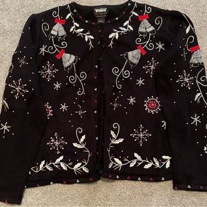 Designer’s Original Christmas cardigan with embroidered/beaded design. Size L.
